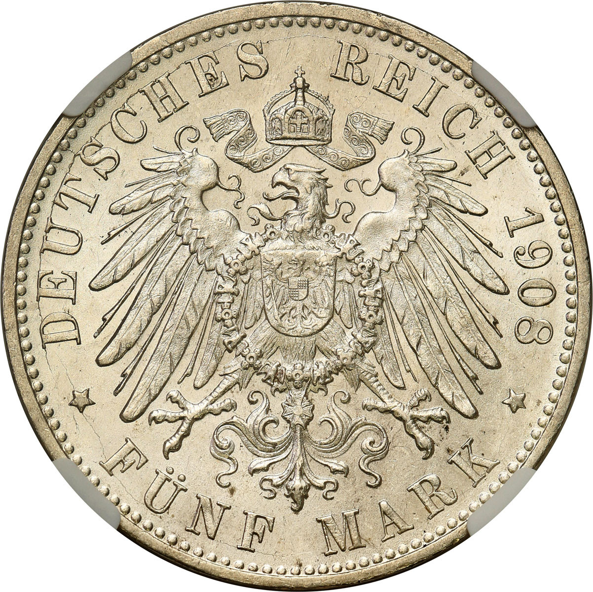 Niemcy, Wirtembergia. 5 marek 1908 F, Stuttgart NGC MS62 - PIĘKNE